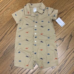 NWT Carter’s Collared Romper, Khaki with Dinosaur Print, 18 Months